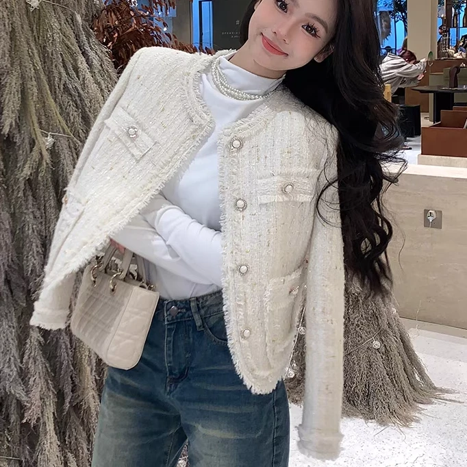 【现货+运费险】白色亮片千金风小香韩版时尚百搭气质名媛上衣Q316