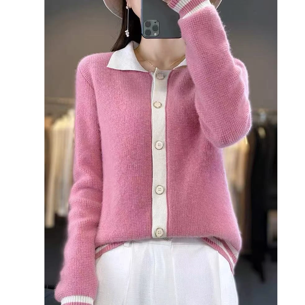 新款拼色100羊毛POLO领拼色小香风开衫女长袖气质宽松羊毛外套