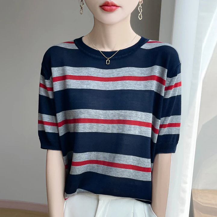 哥弟阿玛施正品夏季新款韩版圆领撞色短袖针织衫减龄条纹T恤上衣