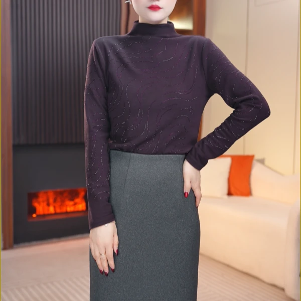 Y秋冬新款加绒薄款烫钻修身打底衫女双面绒长袖半高领T恤7058