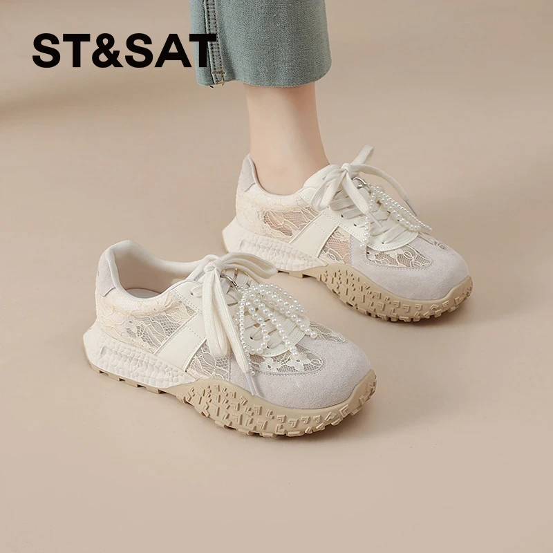 星期六百搭厚底时尚女款运动鞋2025夏季休闲网面鞋透气蕾丝德训鞋