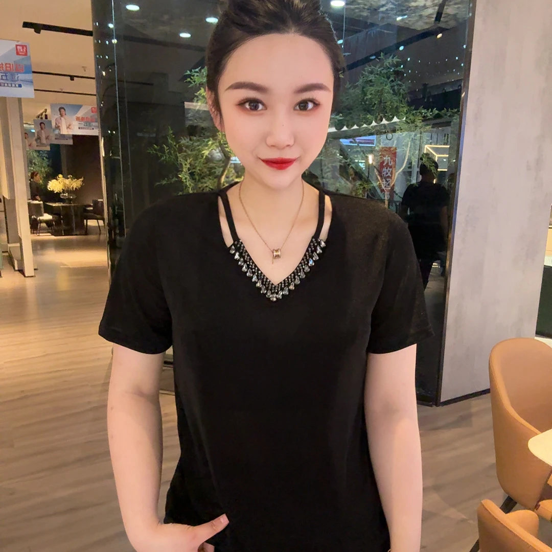 V领修身型拼接常规抽褶极简风T恤打底衫时尚纯色韩版