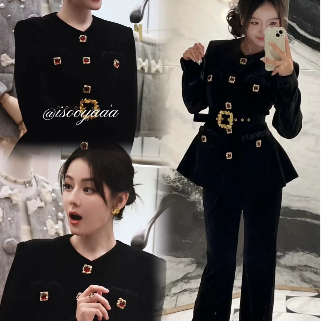 【迪丽热巴同款】宫廷风宝石扣老钱风黑色丝绒收腰显瘦套装秋冬