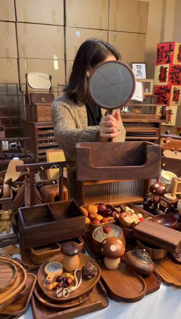 【闪购商品】黑胡桃提手带镜子化妆收纳盒