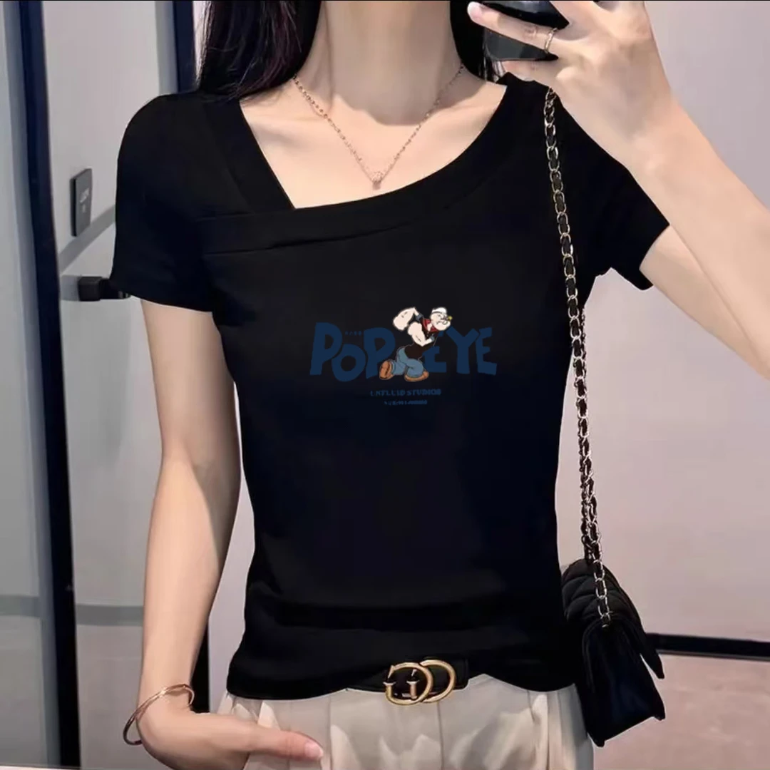 短款黑色方领正肩时尚短袖T恤洋气女修身显瘦百搭露锁骨印花上衣