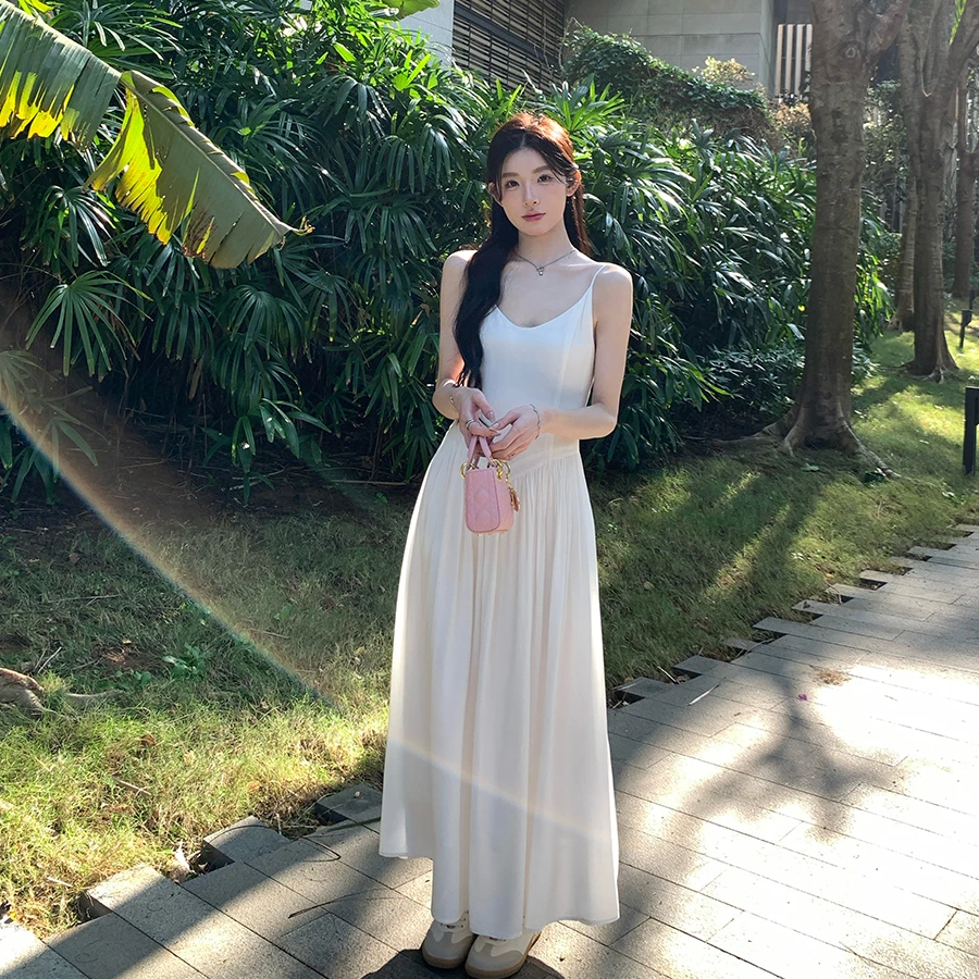 alex stevens初恋白色吊带连衣裙女夏季海边修身长款a字仙女裙子