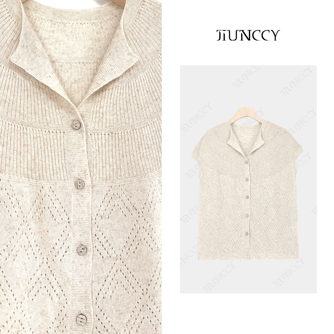 JIUNCCY【半岛】亚麻天丝半环形拼菱格挑洞连肩袖针织上衣 52YZZ076