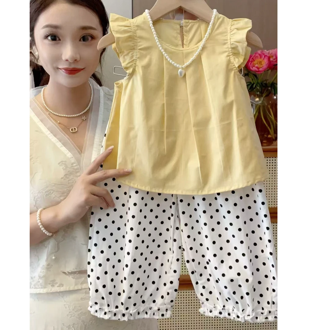 女童夏季波点套装套头薄款套装奶黄色纯色飞袖裙裤两件套韩版潮
