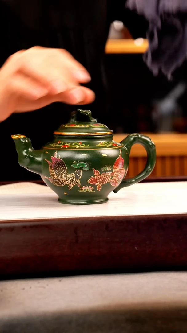 茶壶紫砂绿泥 报春 锦鲤珐琅彩