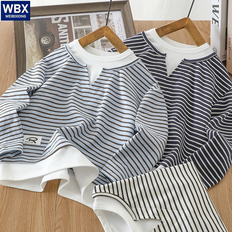 2025新款男童假两件卫衣春秋款儿童秋装条纹衣服中大童洋气上衣潮