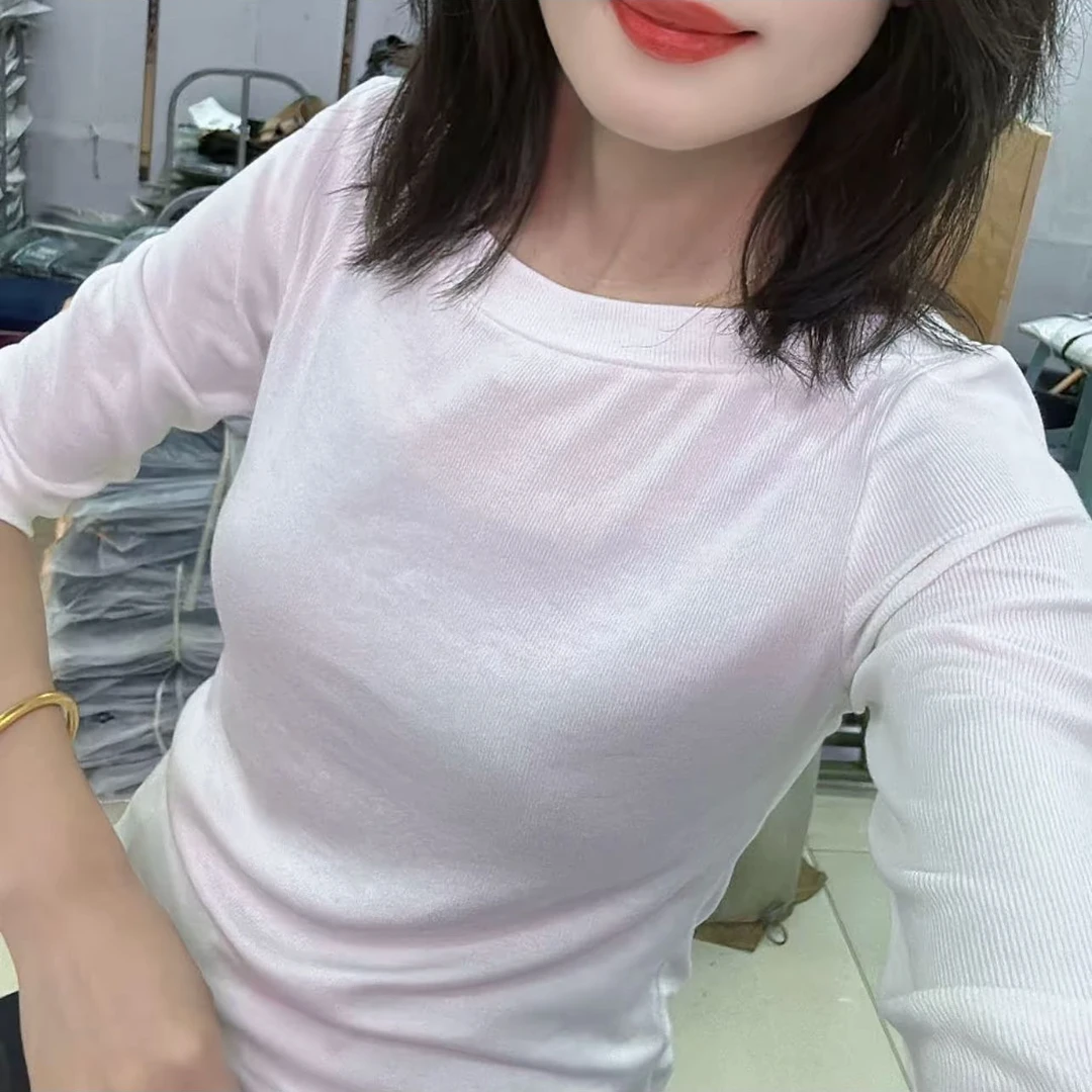 新款欧货时尚显瘦网红一字领百搭修身中袖圆领洋气女士气质衫