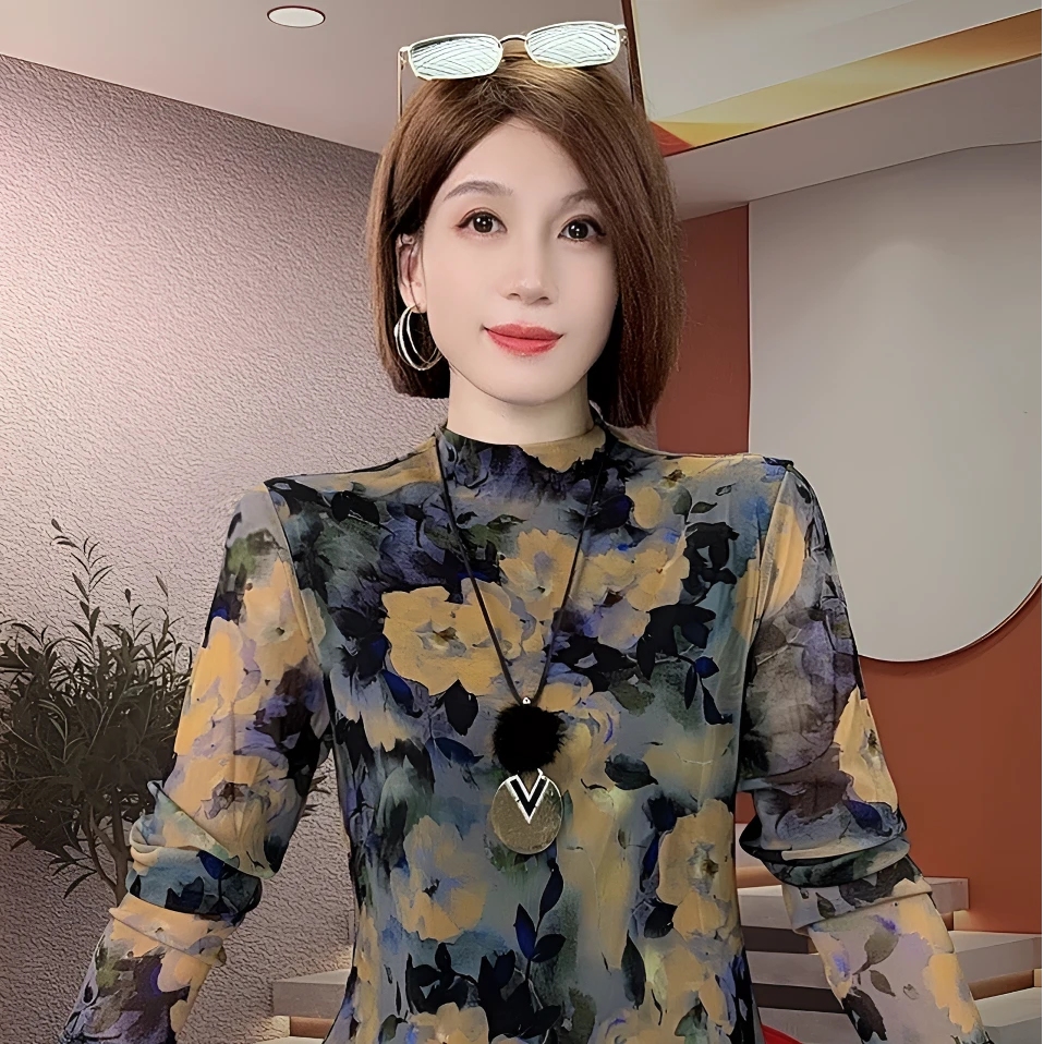 时尚印花长袖T恤女妈妈春秋季洋气网纱小衫大码半高领气质上衣潮t