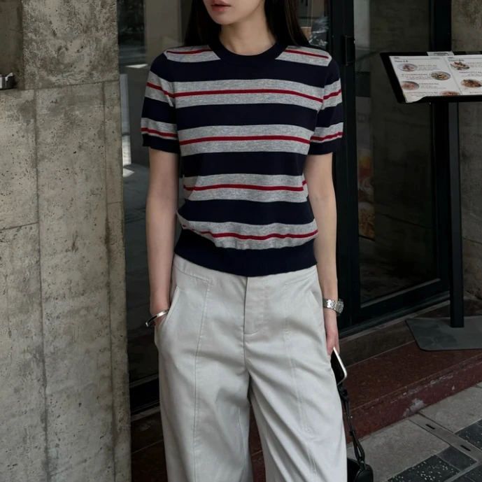 高品质设计感拼色条纹圆领短袖女2025夏季新款时尚通勤毛织上衣
