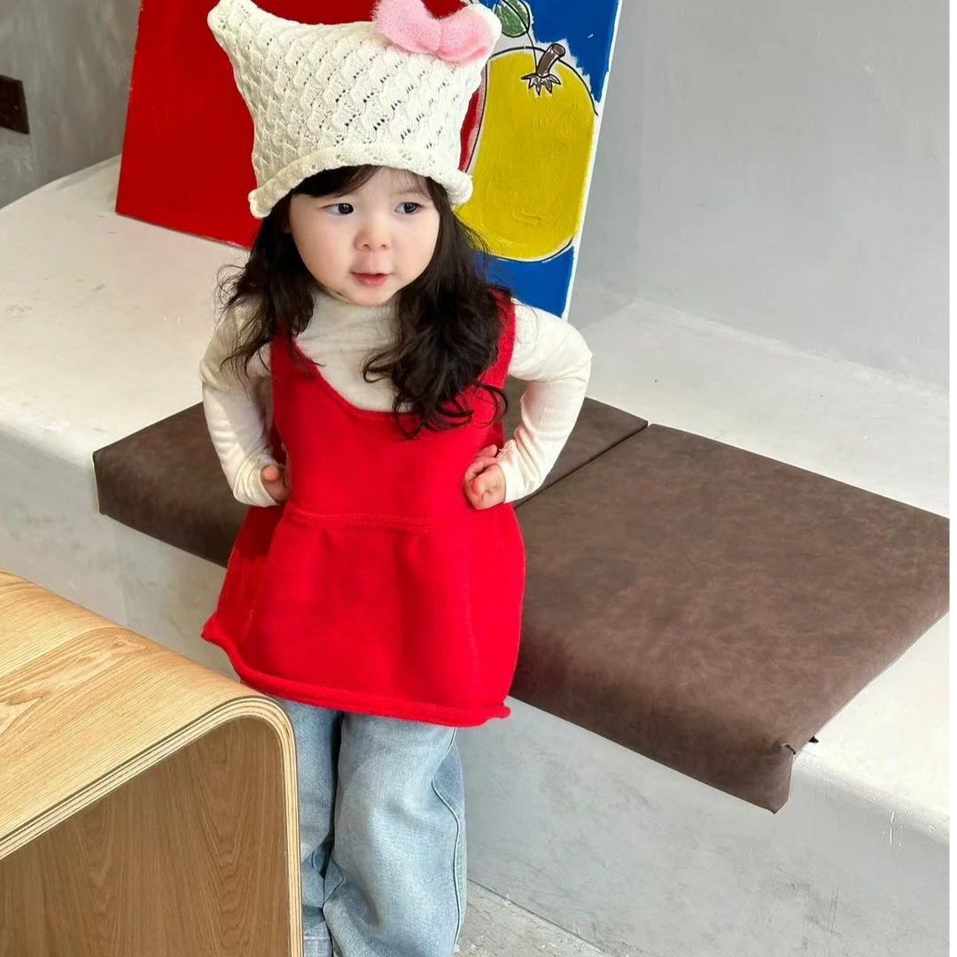 壹妈女童新款洋气韩版红色背心马甲上衣牛仔裤儿童春秋装套装