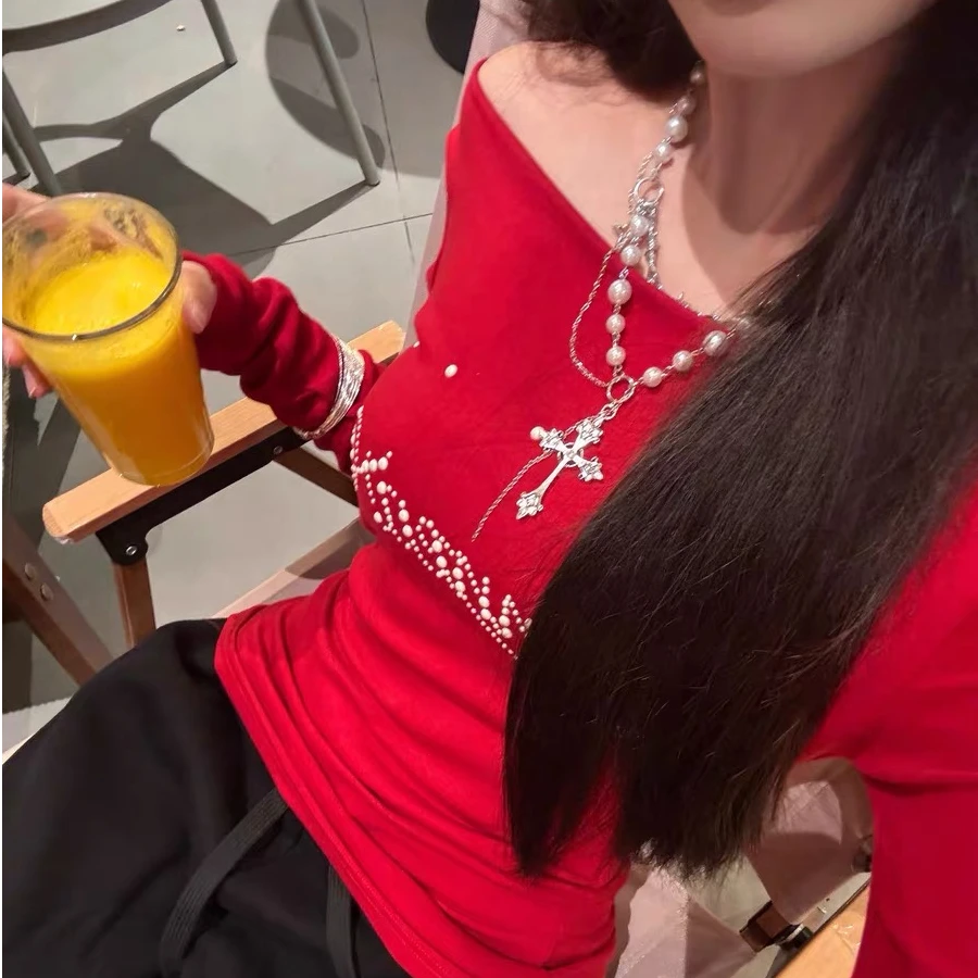 cchunzi原版美式性感烫钻一字肩斜肩长袖T恤女秋冬新款修身上衣