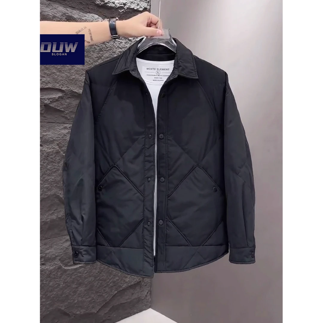 O.U.W轻薄羽绒服男装冬季新款帅气菱形格翻领夹克保暖休闲外套ins