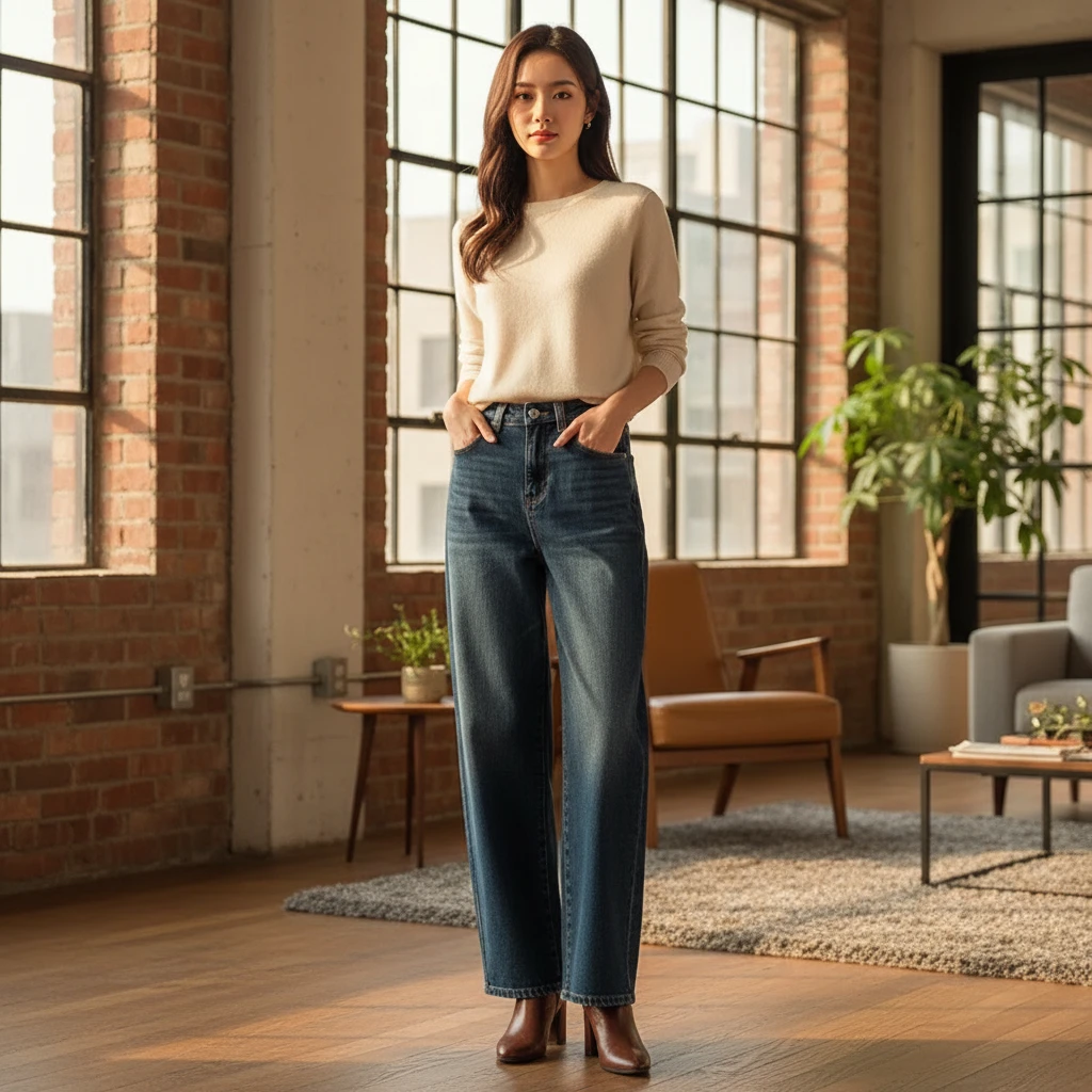 厚款加绒牛仔蓝阔腿裤休闲百搭高腰长裤小个版哈伦裤老爹裤做旧