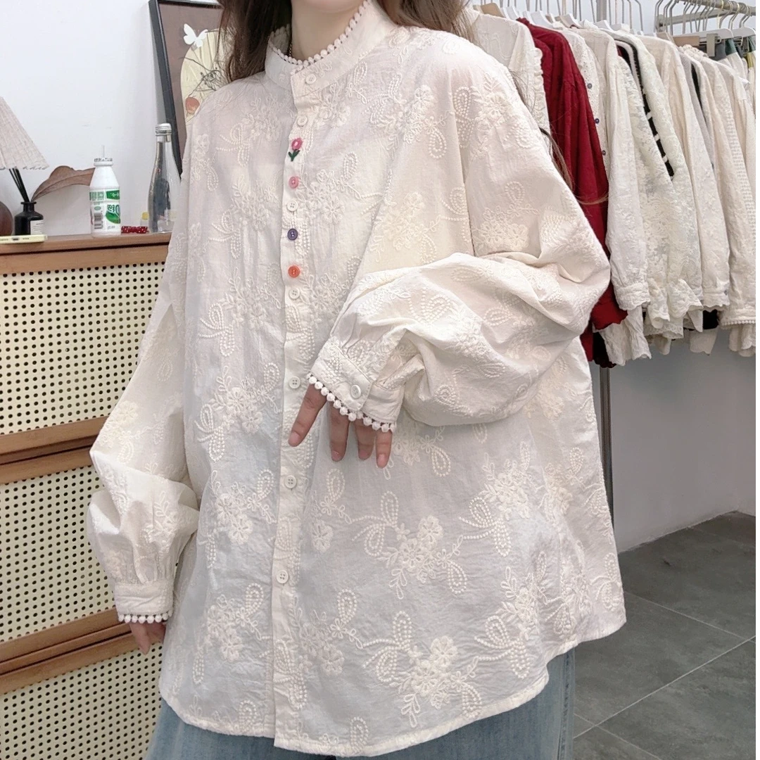 25春季新款！蕾丝刺绣设计感春秋时尚宽松休闲百搭国风甜美衬衫女
