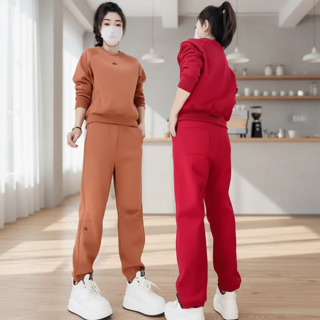 加绒加厚红色本命年时髦炸街女款圆领刺绣冬季新款百搭运动套装