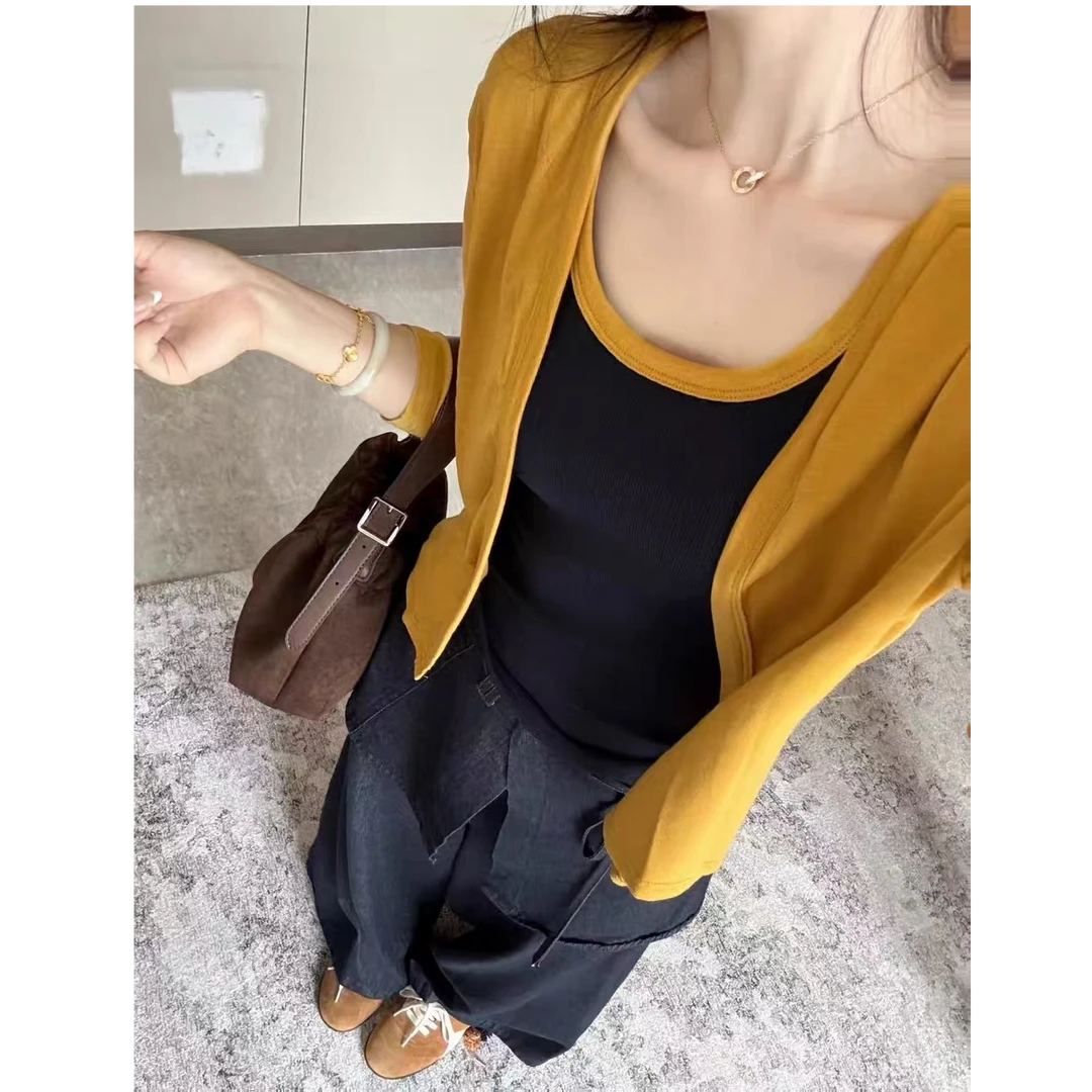 法式百搭洋气简约长袖开衫短款T恤内搭撞色吊带背心两件套上衣女