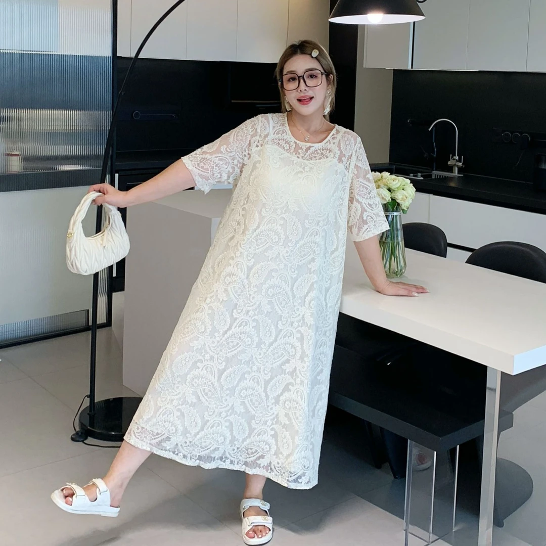 媛子大码法式蕾丝连衣裙高级感重工轻奢夏季新款宽松显瘦气质长裙