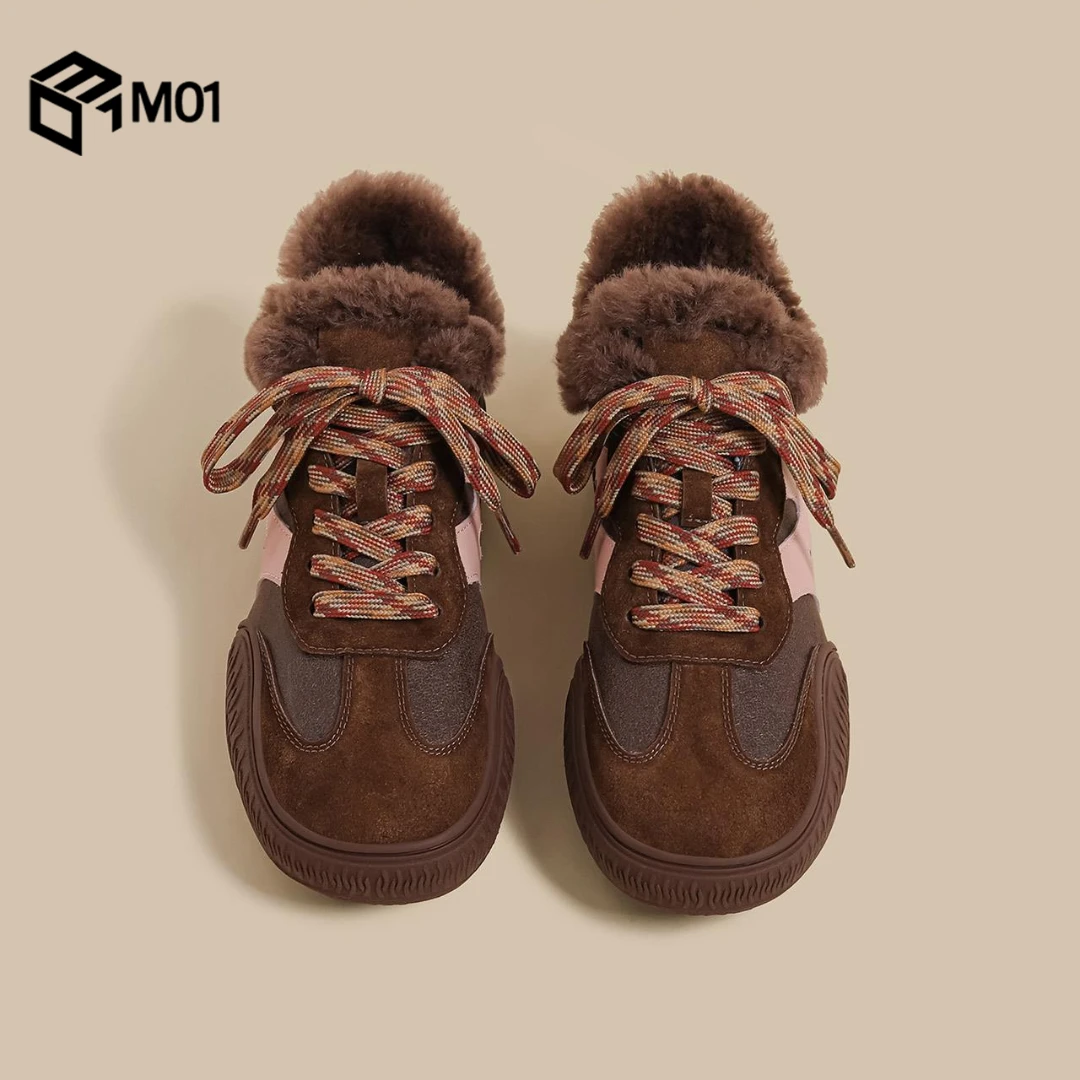 M01冬季新款厚底德训鞋女棕色复古毛毛鞋加绒网红运动阿甘老爹鞋
