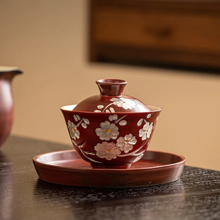 手绘画银山楂红茶盖碗胭脂红陶瓷描银泡茶器三才茶碗套装手工高档