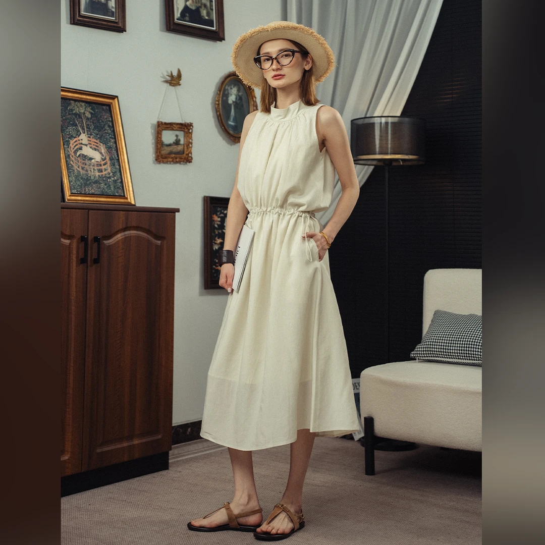 莱赛尔天丝无袖挂脖连衣裙女宽松设计感抽绳褶皱长裙