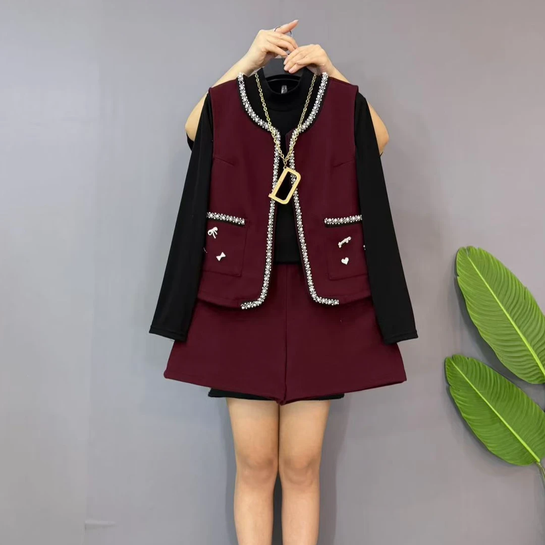 新款大码女装欧货时尚洋气重工钉珠小香风马甲短裤三件套套装