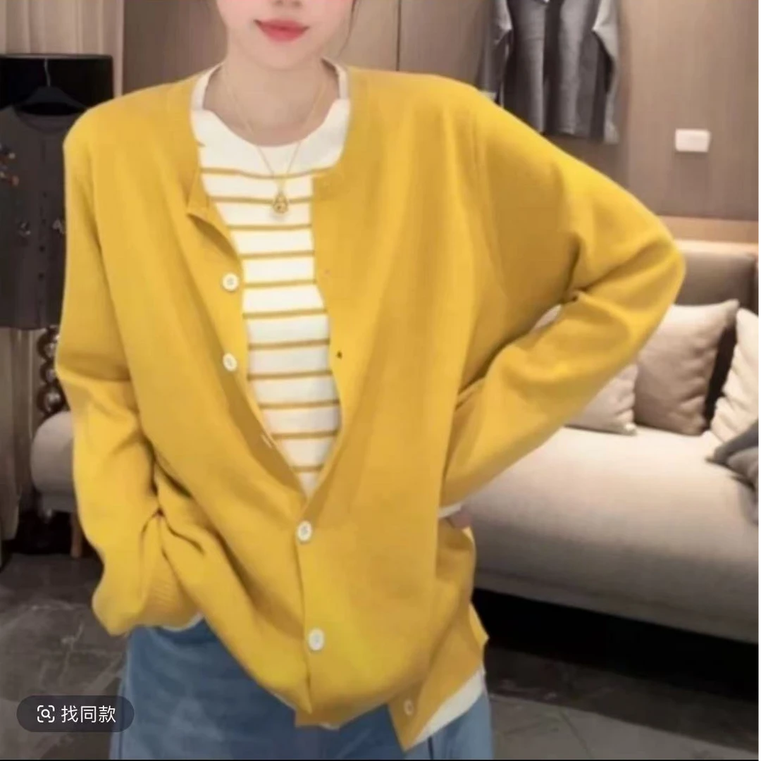 M047春秋大码韩系百搭条纹长袖假两件气质休闲显瘦圆领针织开衫女