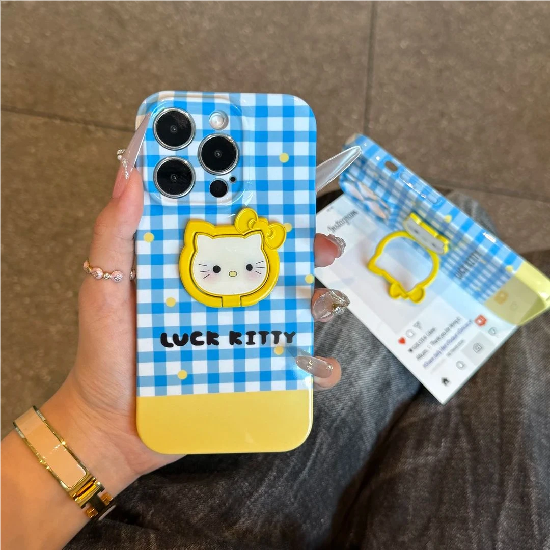 适用iPhone16/15promax简约蓝格纹kitty壳小米15/14华为/oppo