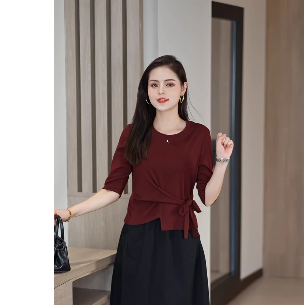 不规则绑带设计小众中袖T恤女2025早秋新款百搭显瘦上衣