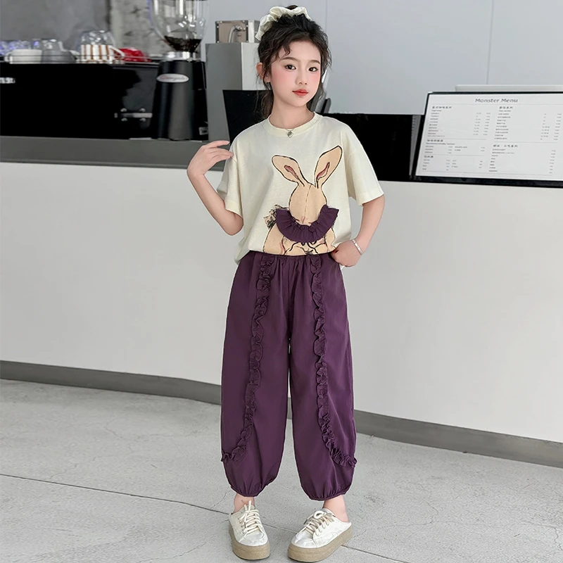 女童短袖套装夏季2025新款洋气儿童时髦花边裤子中大童夏装两件套