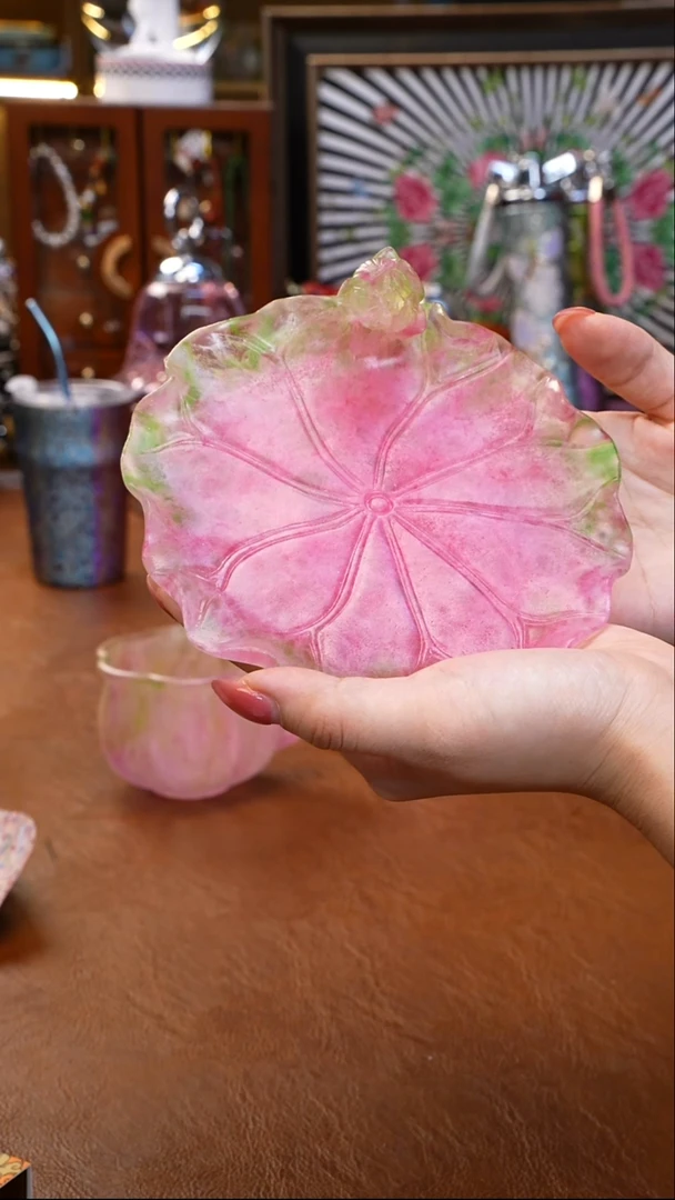 陶瓷15.粉彩琉璃莲叶壶承-粉绿色