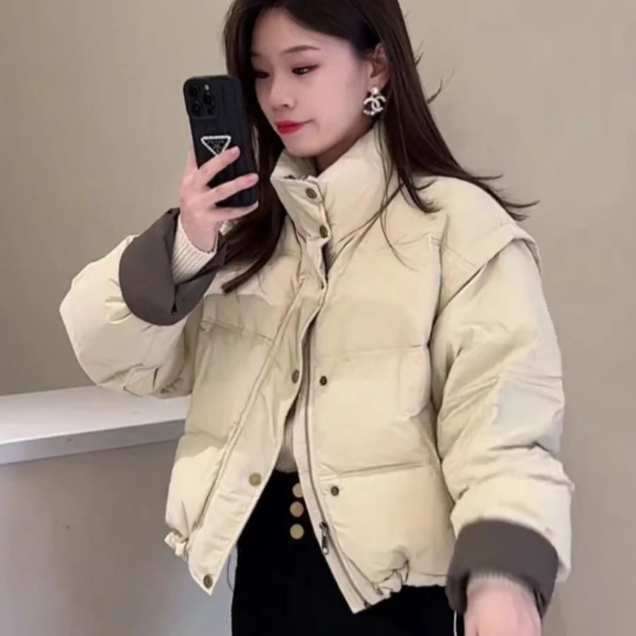 袖边拼接撞色羽绒女短款韩版冬季新款小个子立领鸭绒保暖外套潮