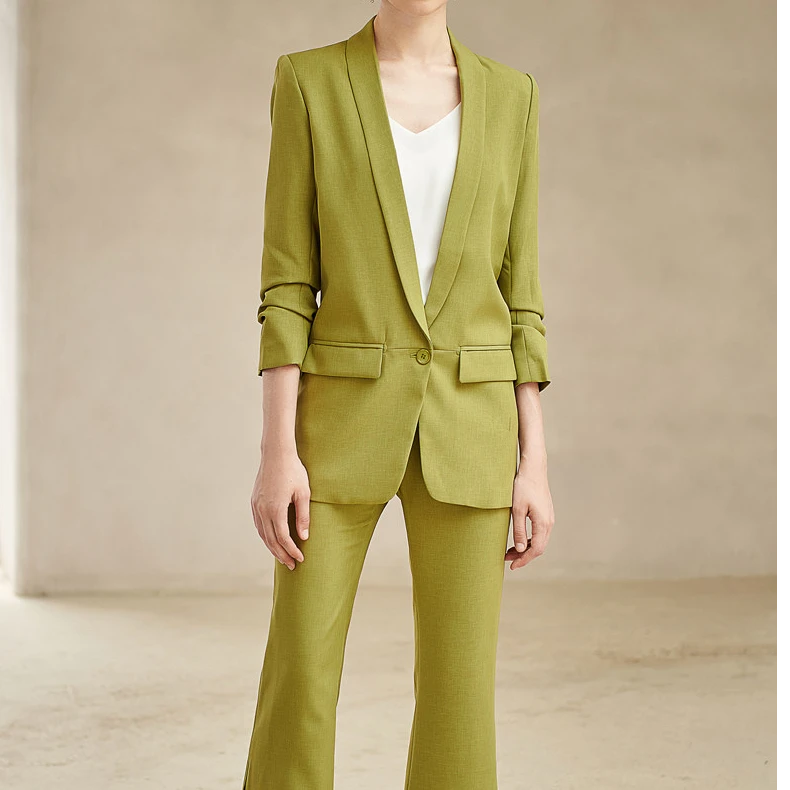 C9119春夏季绿色西装套装女高级感英伦风轻奢显瘦职业装工作服S