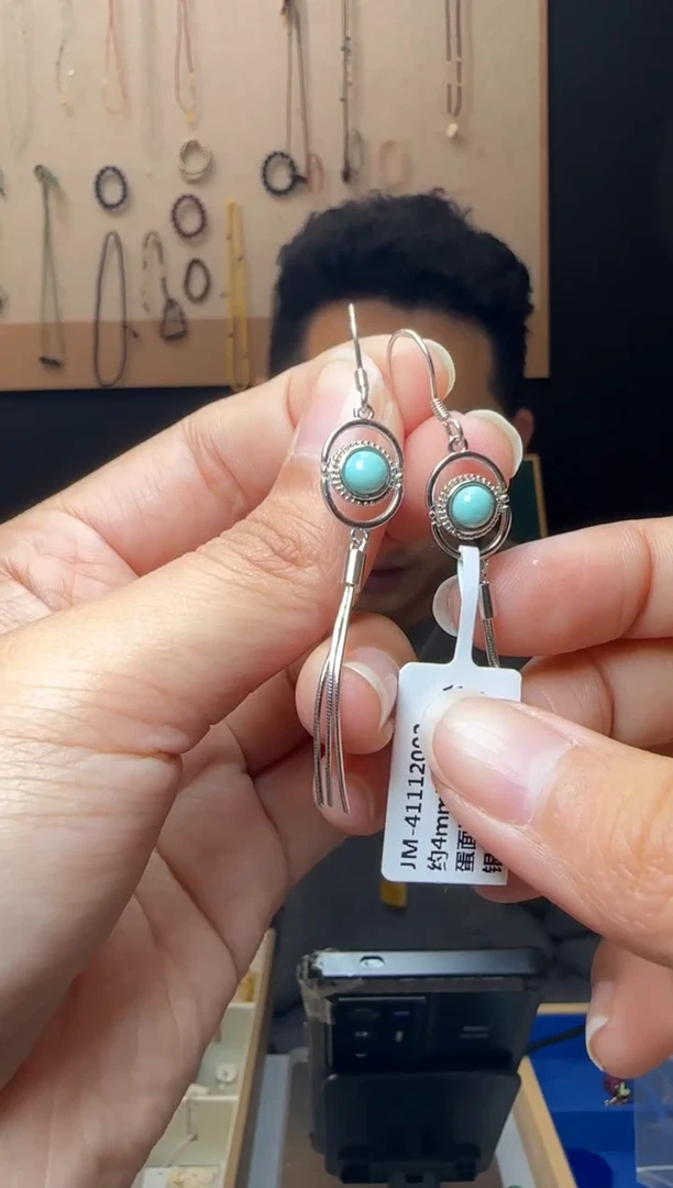 【闪购商品】绿松石耳饰银S925镶嵌约4mm高品质绿松蛋面流苏耳钩