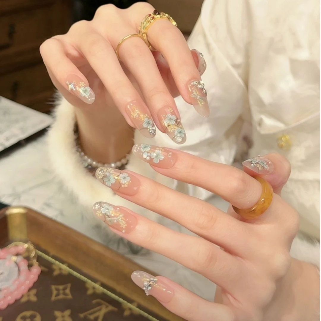 喵公子【苔间花绽（小钻版）】【施家华子钻】纯手工穿戴甲可拆卸美甲