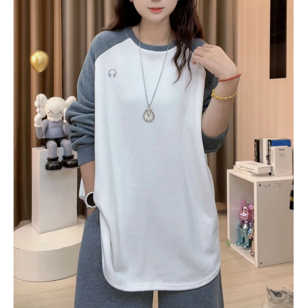 2025秋冬新款韩版女装中长款宽松上衣拼接长袖圆领打底卫衣B250
