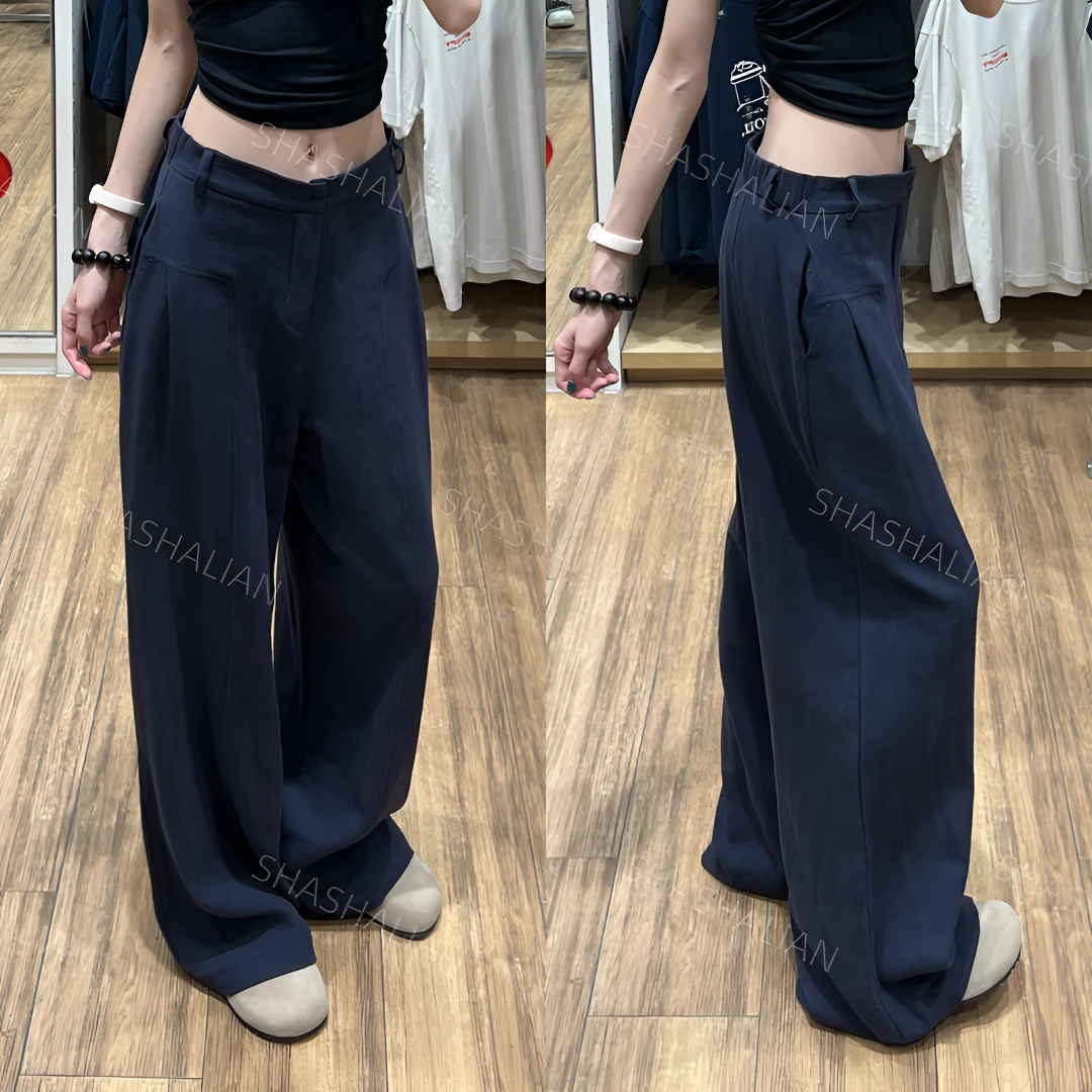 藏青色直筒西装棉麻裤女夏季2025年新款高腰显瘦垂坠感宽松阔腿裤