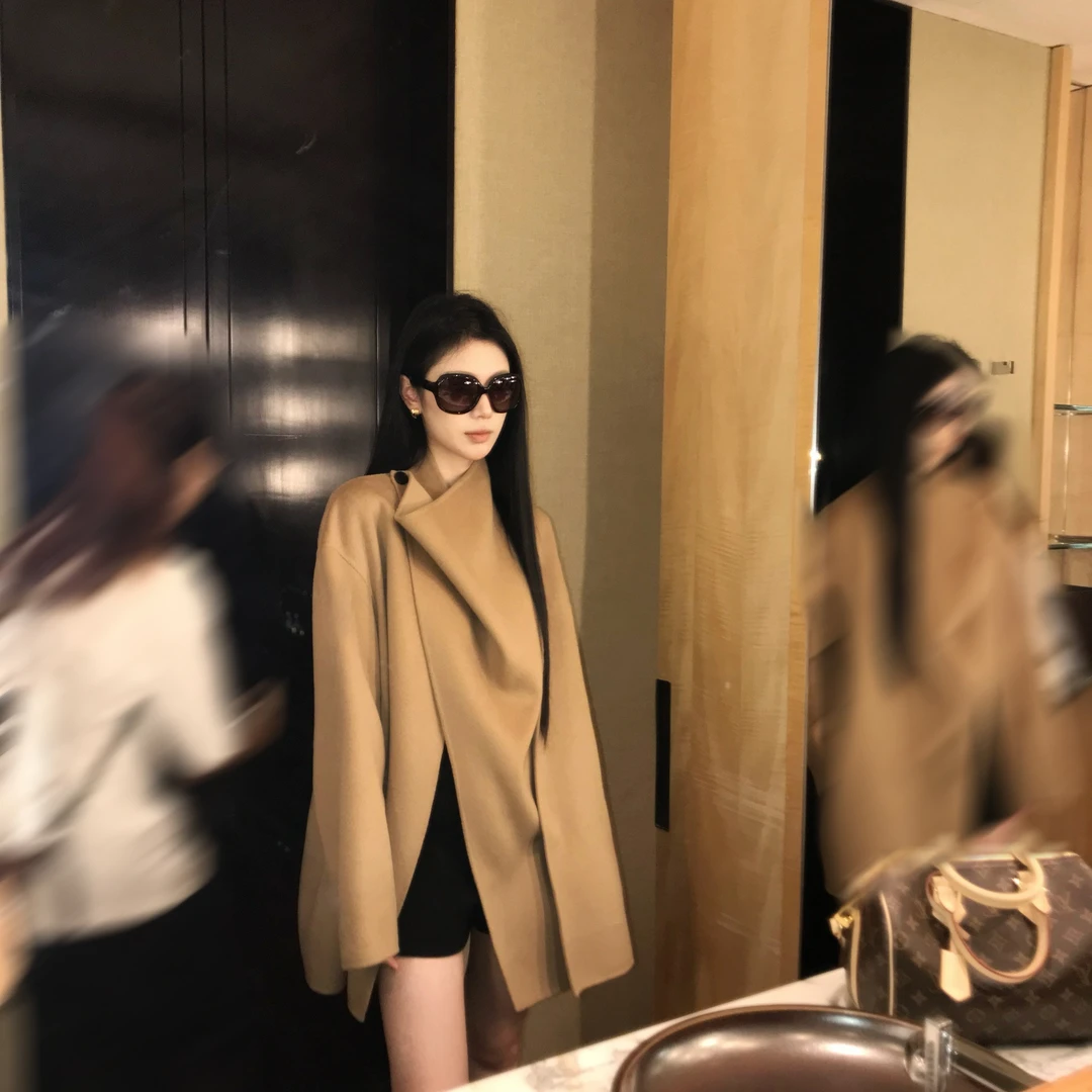 溪溪靓衫新款 不规则领型宽松型中长款毛呢外套百搭外套女装网红