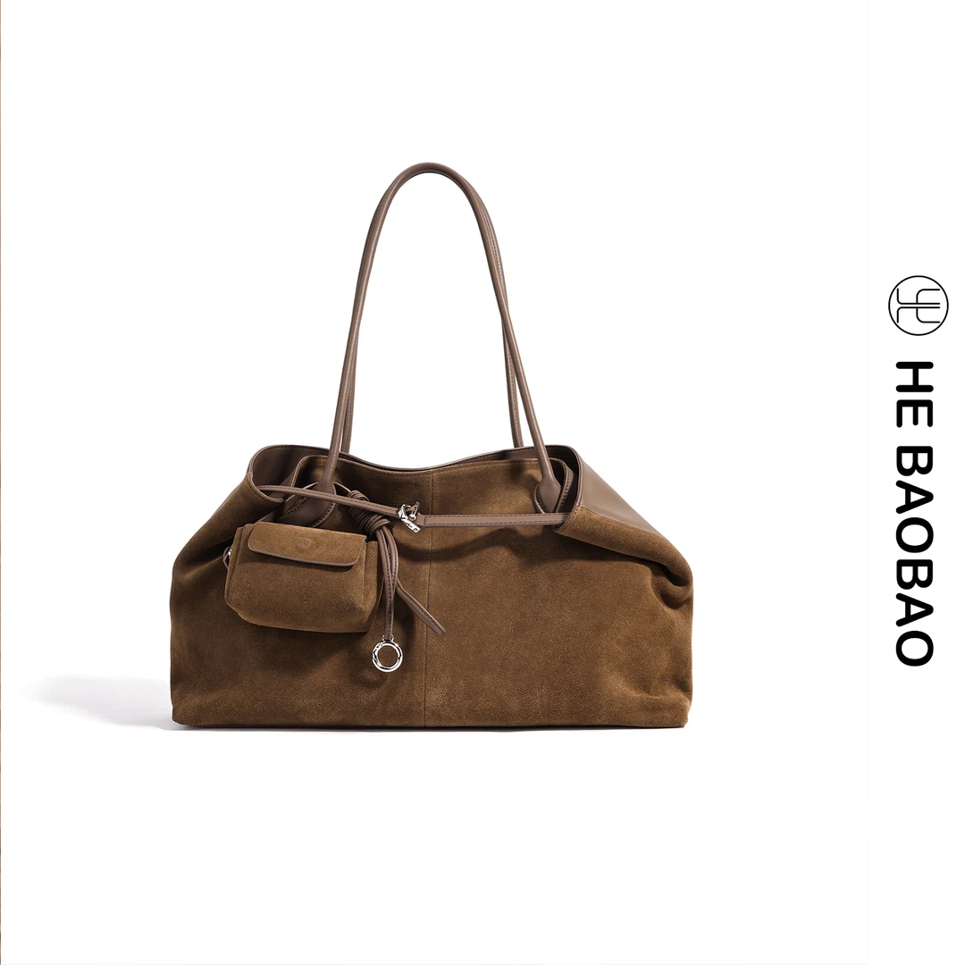 HE BAOBAO反绒牛皮托特包通勤时尚女包2025新款单肩手提女款大包1