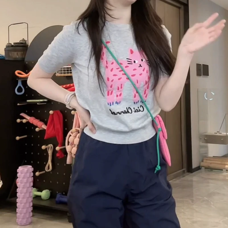 2024年夏新款原创BC长腿猫绣花圆领短袖针织衫T恤上衣LK2501789