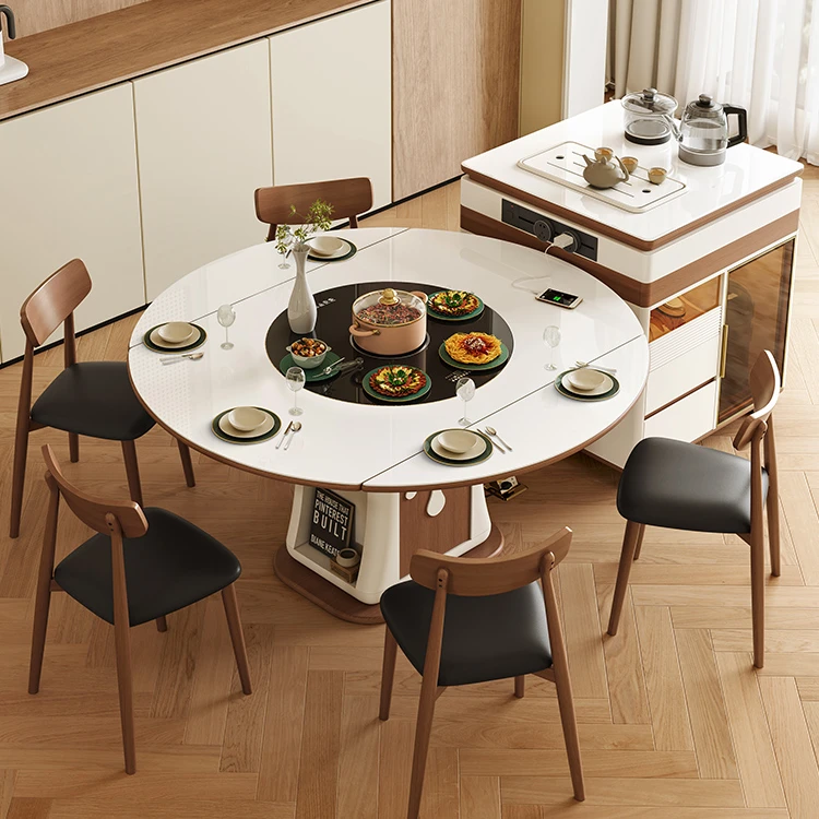 岩板岛台餐桌一体移动岛台茶桌可伸缩变圆桌家用多功能电磁炉圆桌