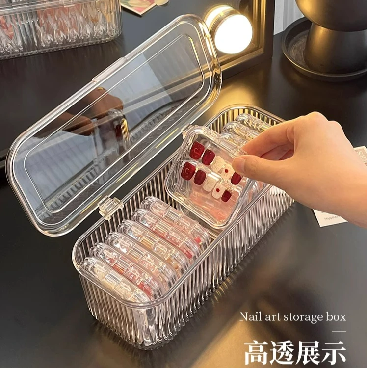 穿戴甲收纳盒透明带盖防尘美甲指甲贴整理架大容量美甲便携展示盒