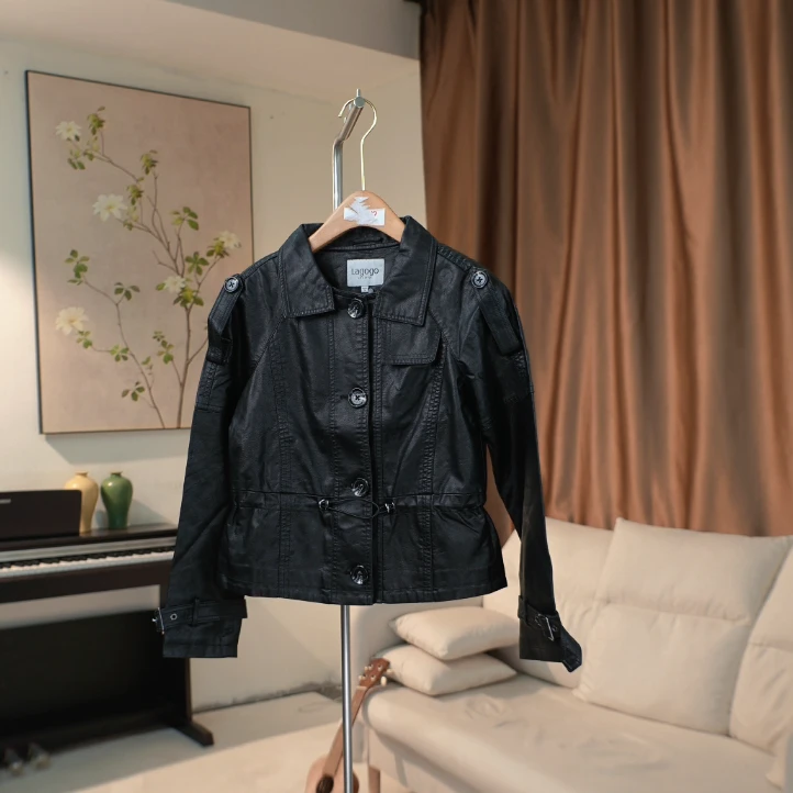 G362 小个子百搭抽绳显瘦黑色PU皮衣外套女 139D32