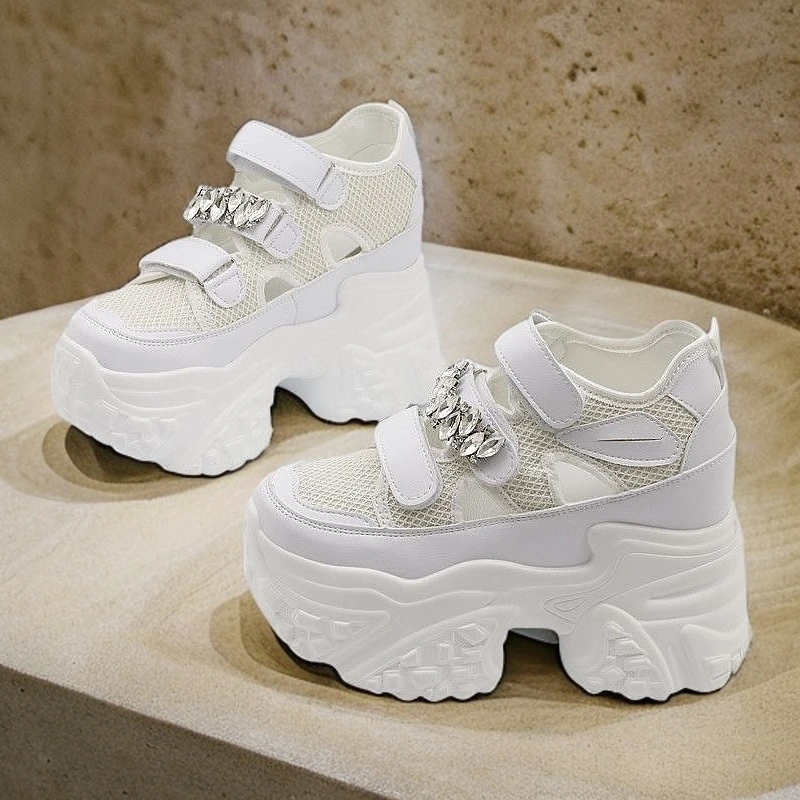 镂空网面透气12CM厚底包头凉鞋女夏季水钻老爹鞋内增高10cm小白鞋