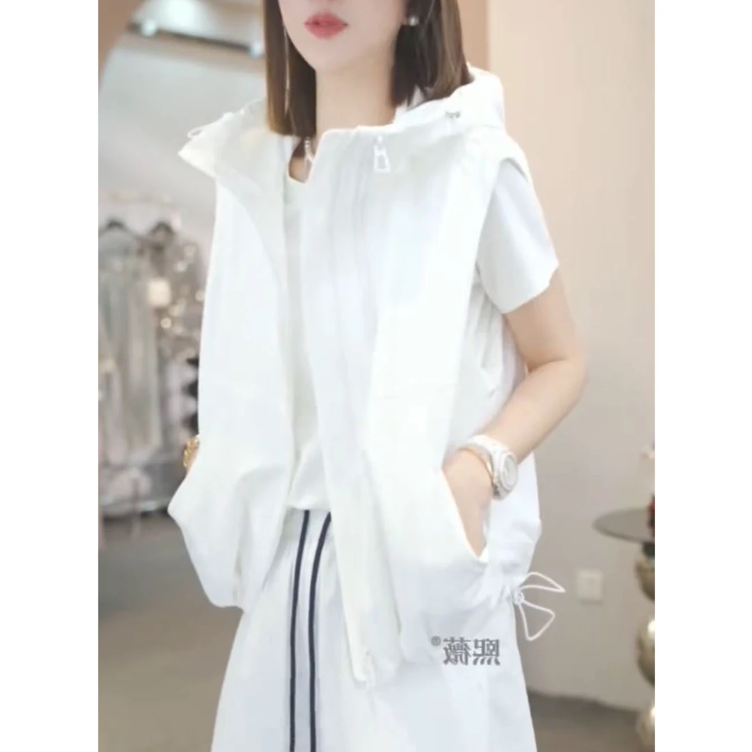 熙微连帽拉链设计感百搭背心女春夏休闲冲锋衣抽绳显瘦马甲上衣