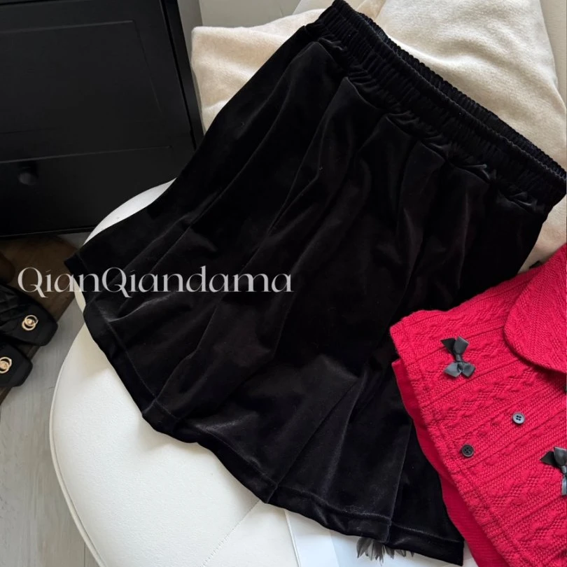 芊芊大码秋冬法式黑色丝绒半身裙遮肉A字裙【JQ77500】