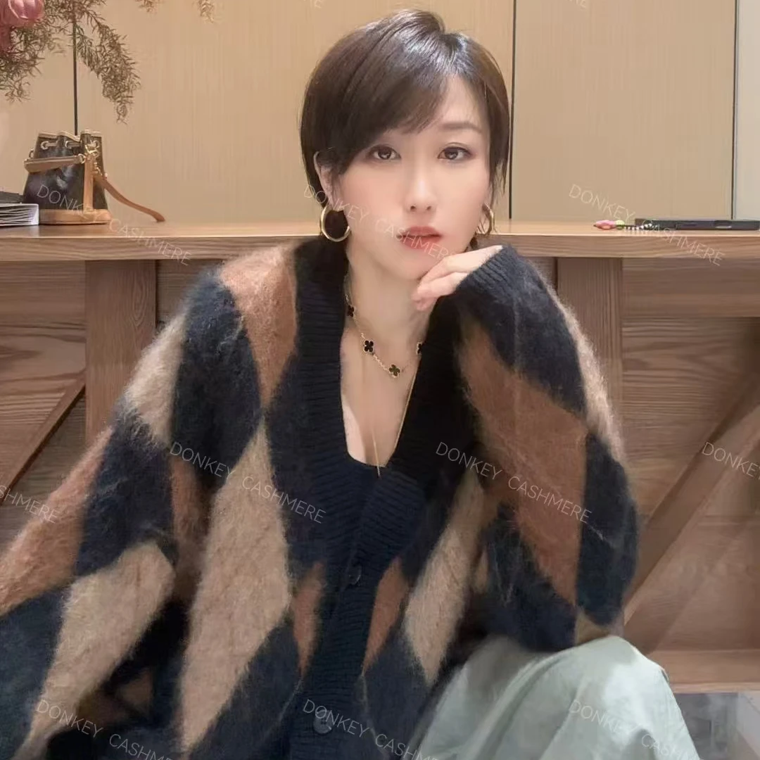 [菱形格]100%山羊绒拉绒复古女加厚保暖宽松慵懒风高级感24773